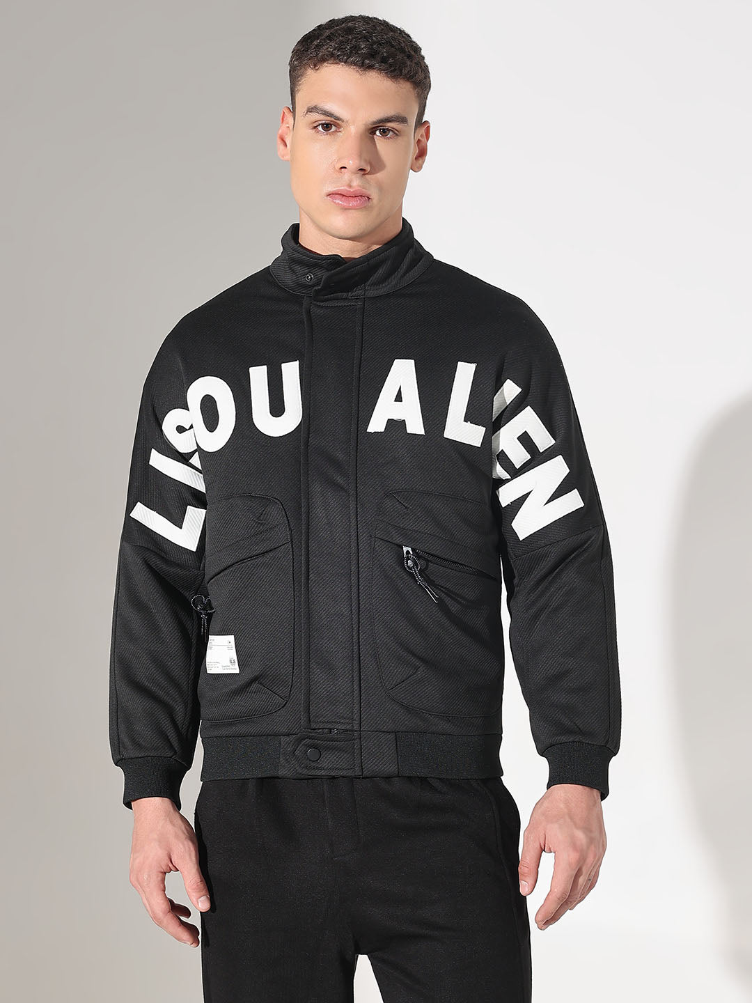 Men's Typography Black Tailored Jacket with Utility Pockets