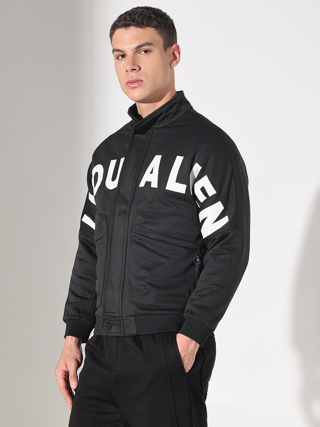 Men's Typography Black Tailored Jacket with Utility Pockets