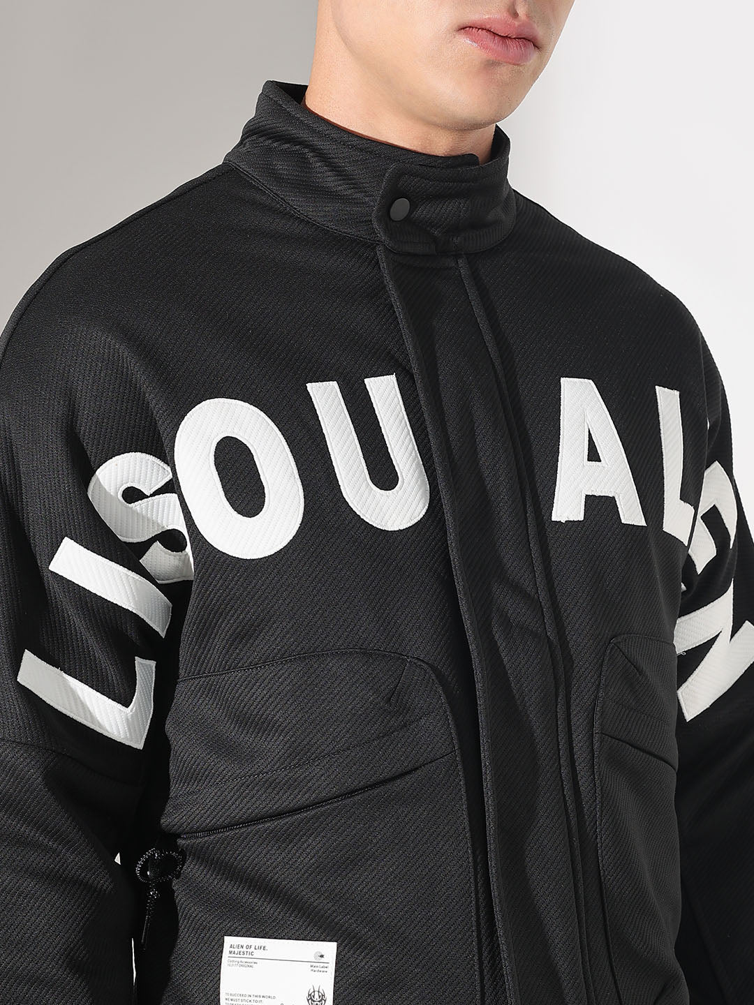 Men's Typography Black Tailored Jacket with Utility Pockets