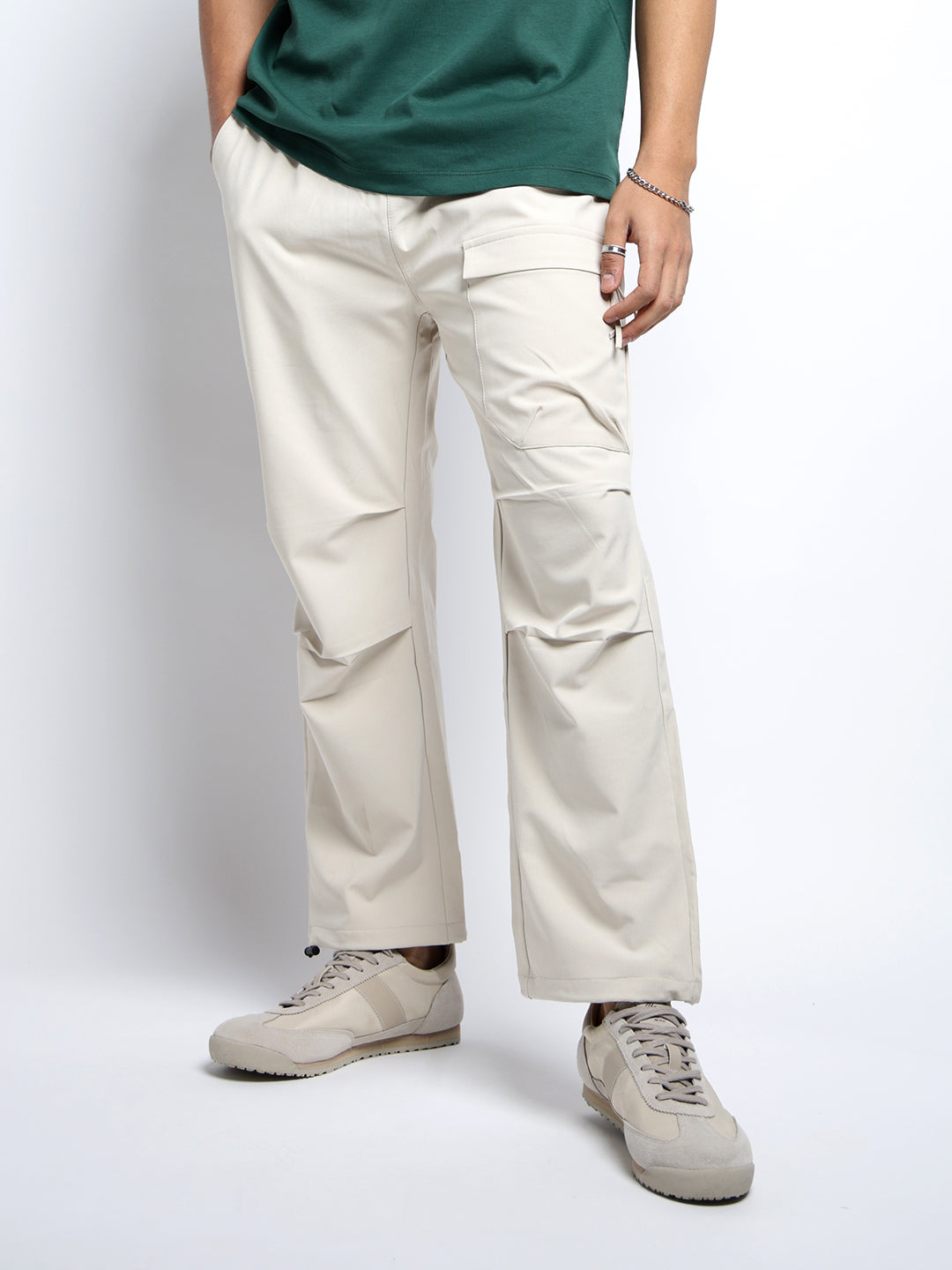 Men's Cream Relaxed Fit Cargo Trousers with Flap Pocket