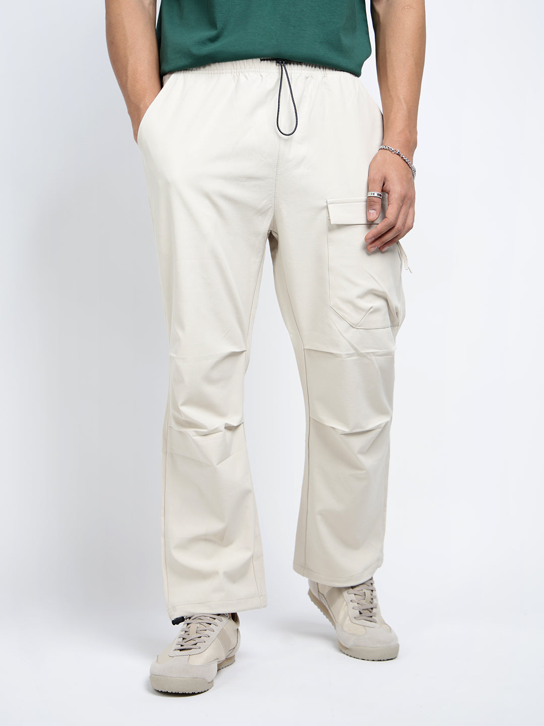 Men's Cream Relaxed Fit Cargo Trousers with Flap Pocket