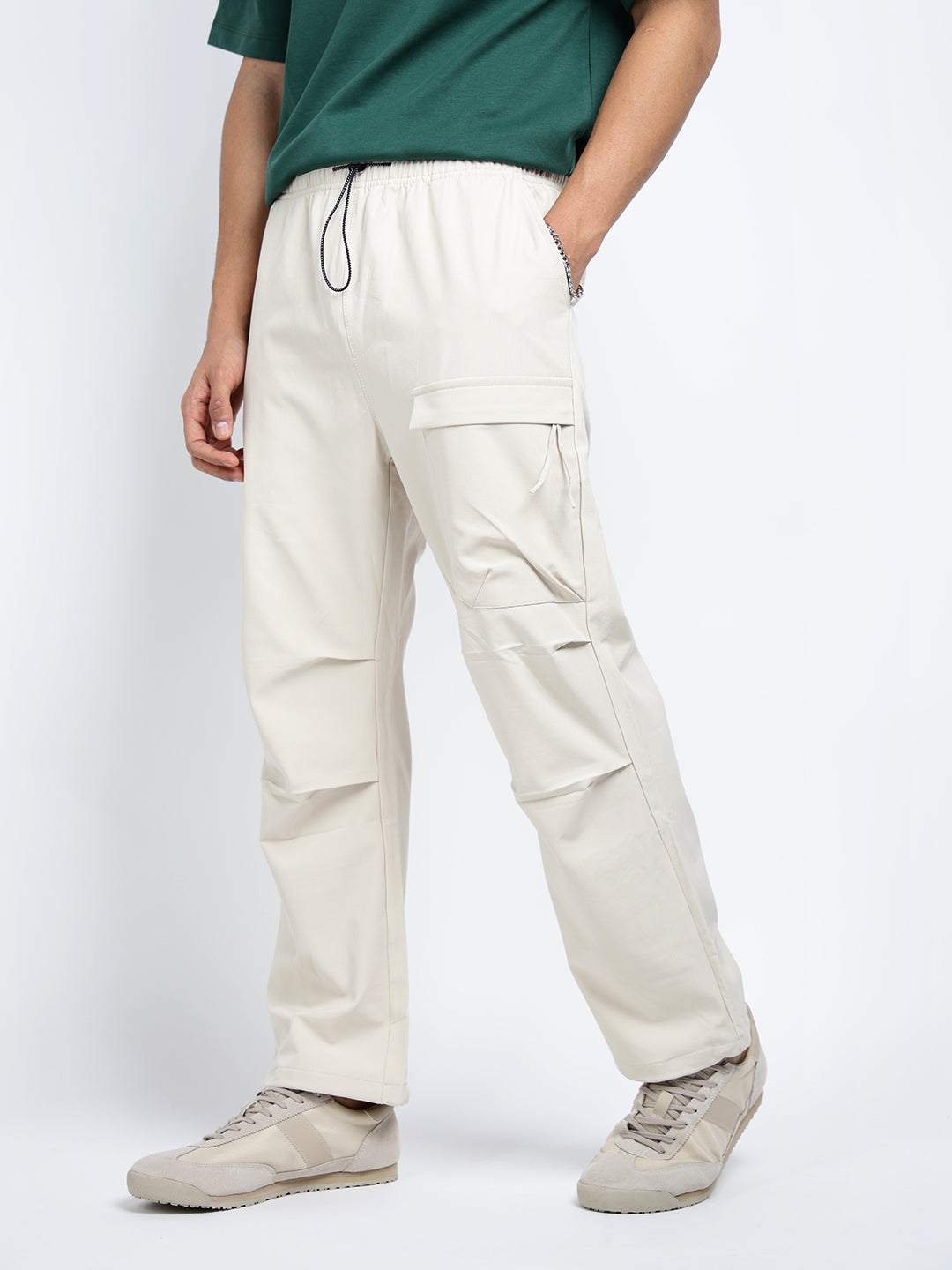 Men's Cream Relaxed Fit Cargo Trousers with Flap Pocket