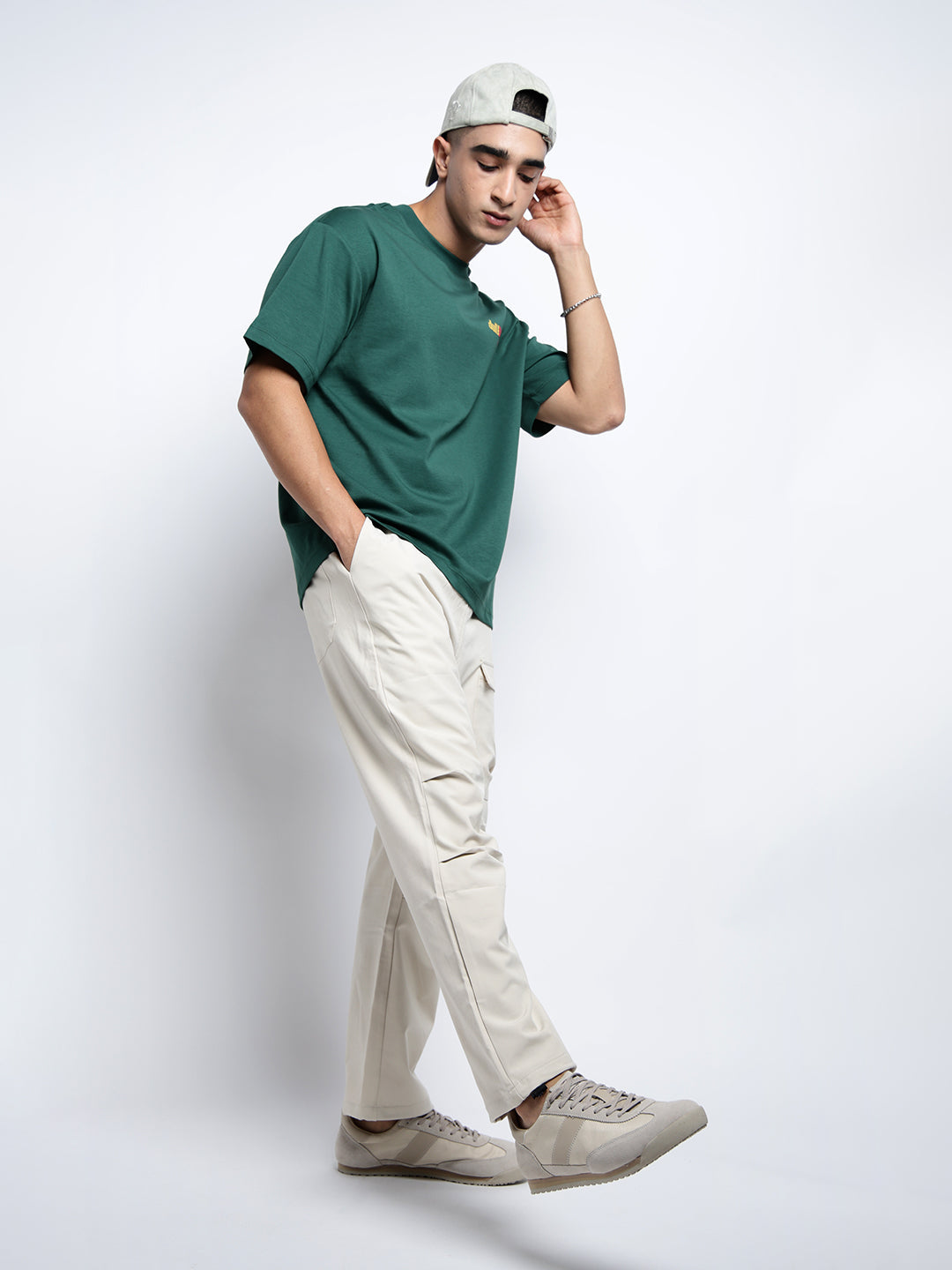Men's Cream Relaxed Fit Cargo Trousers with Flap Pocket
