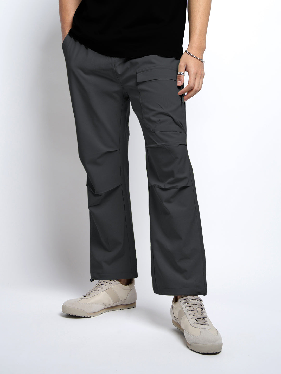 Men's Grey Relaxed Fit Cargo Trousers with Flap Pocket
