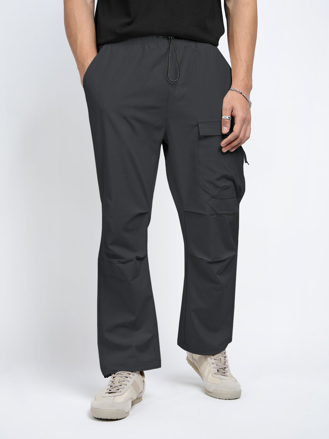 Men's Grey Relaxed Fit Cargo Trousers with Flap Pocket