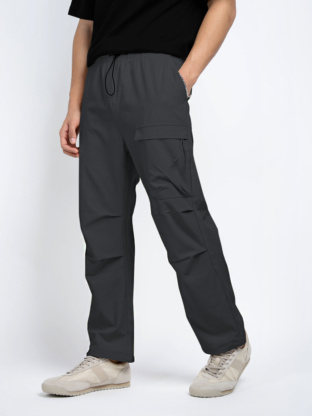 Men's Grey Relaxed Fit Cargo Trousers with Flap Pocket