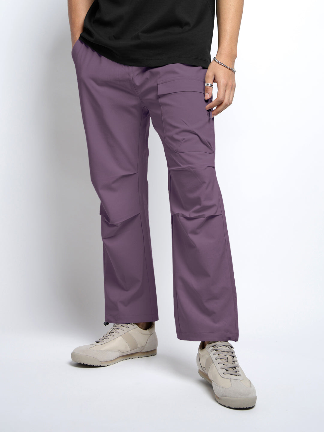 Men's Purple Relaxed Fit Cargo Trousers with Flap Pocket
