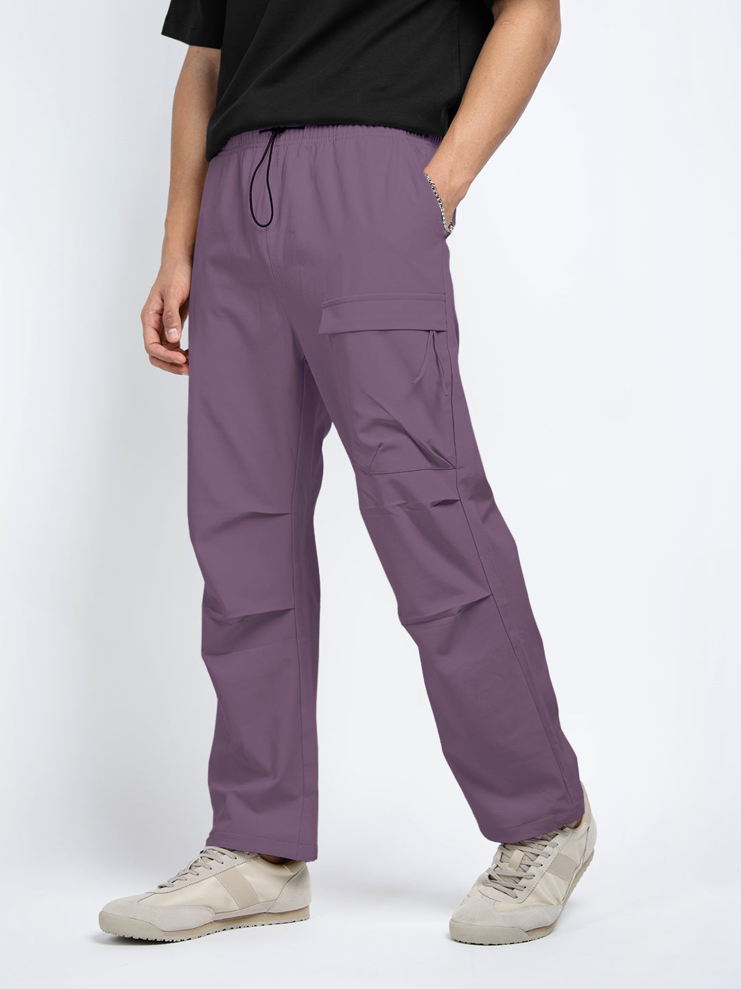 Men's Purple Relaxed Fit Cargo Trousers with Flap Pocket