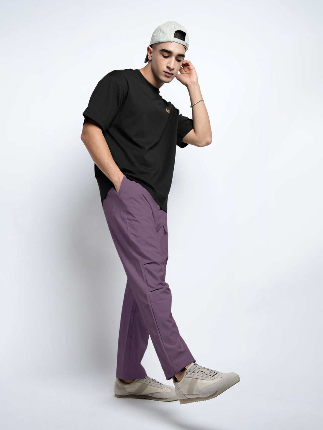Men's Purple Relaxed Fit Cargo Trousers with Flap Pocket
