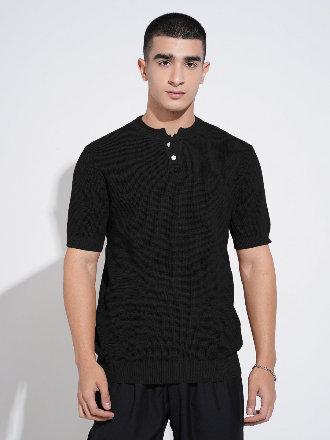 Men’s Textured Black Knitted Short Sleeve Henley T-Shirt