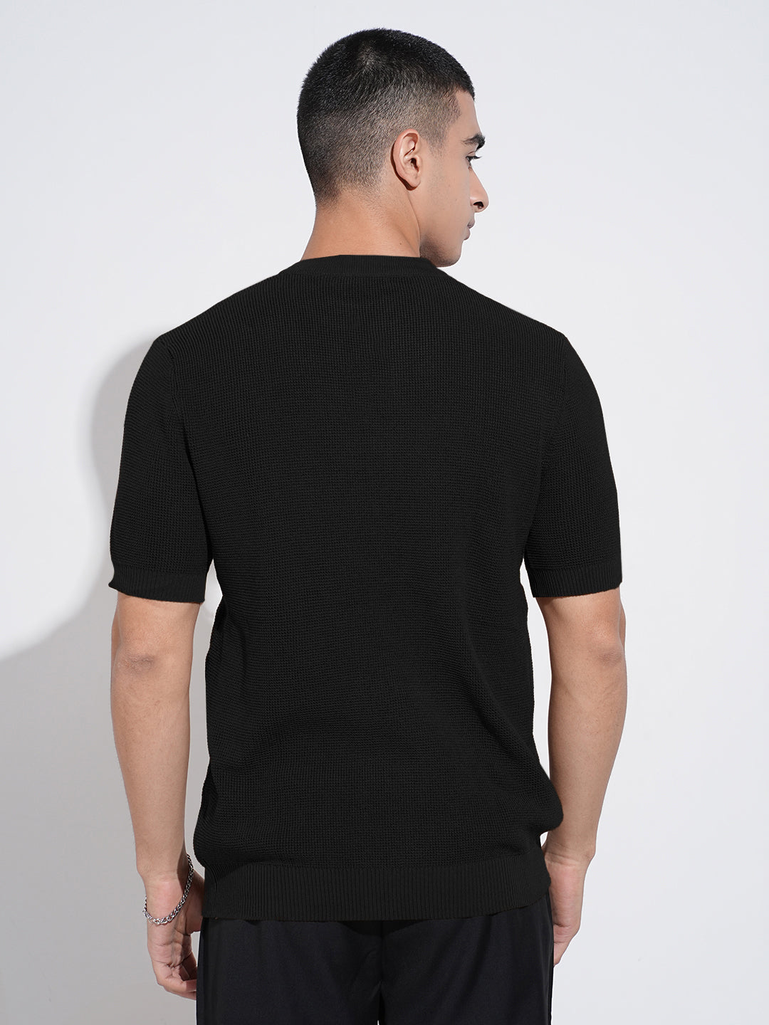 Men’s Textured Black Knitted Short Sleeve Henley T-Shirt