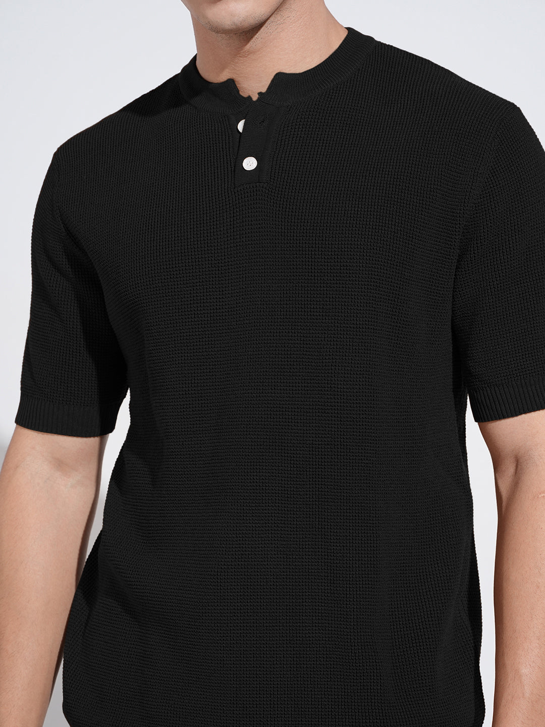 Men’s Textured Black Knitted Short Sleeve Henley T-Shirt