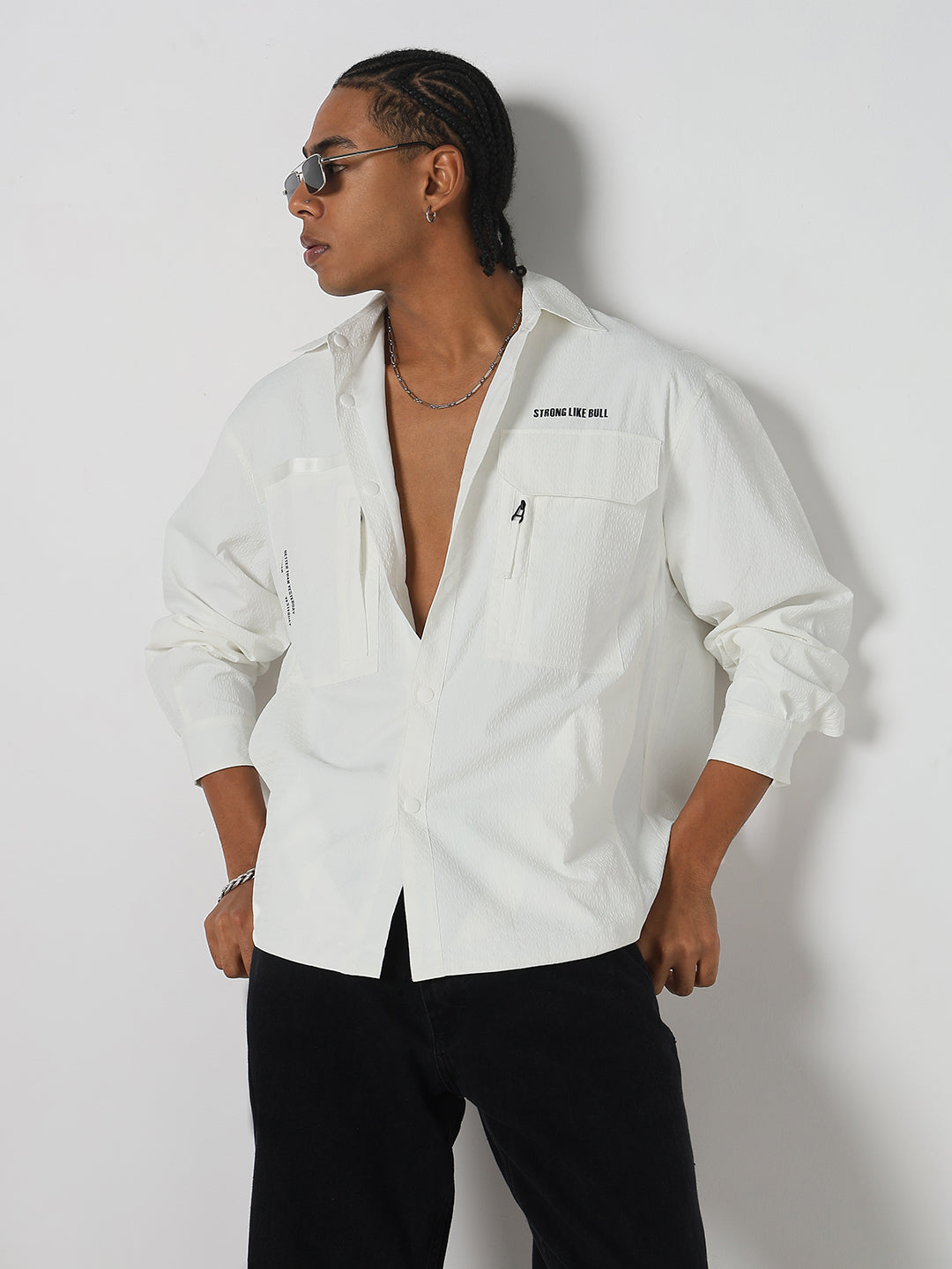 Men White Solid Oversized Full Sleeve Shirt with Chest Pockets