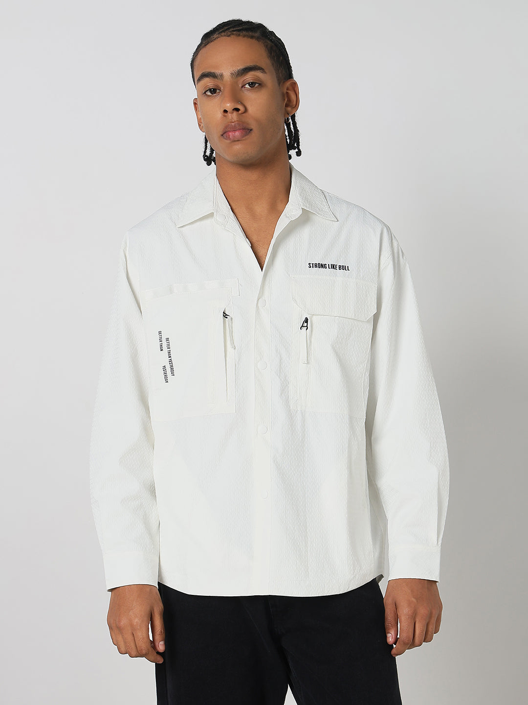 Men White Solid Oversized Full Sleeve Shirt with Chest Pockets