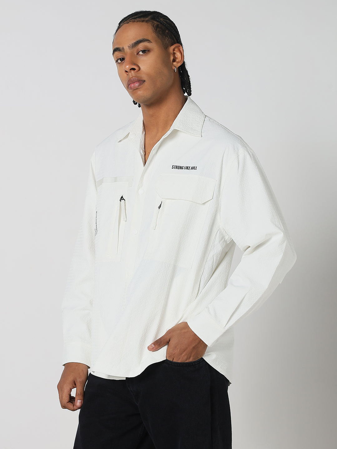 Men White Solid Oversized Full Sleeve Shirt with Chest Pockets