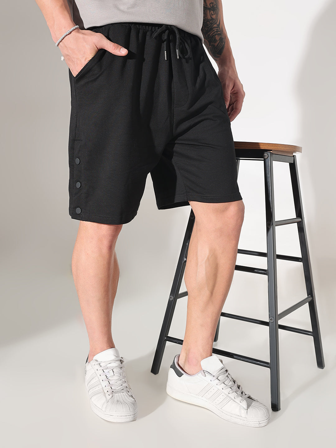 Men's Black Regular Fit Cotton Shorts with Side Hem Snap Button Opening