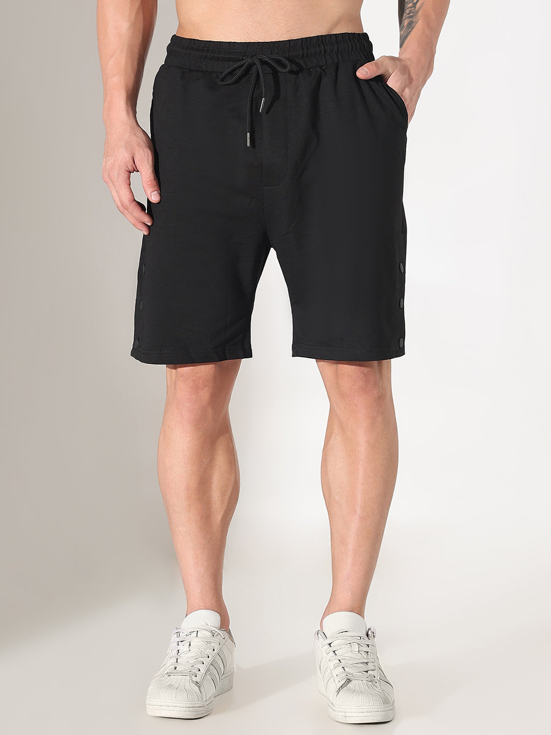Men's Black Regular Fit Cotton Shorts with Side Hem Snap Button Opening