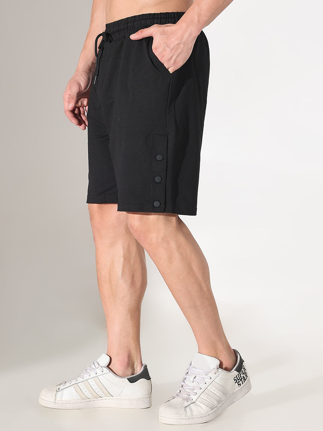 Men's Black Regular Fit Cotton Shorts with Side Hem Snap Button Opening