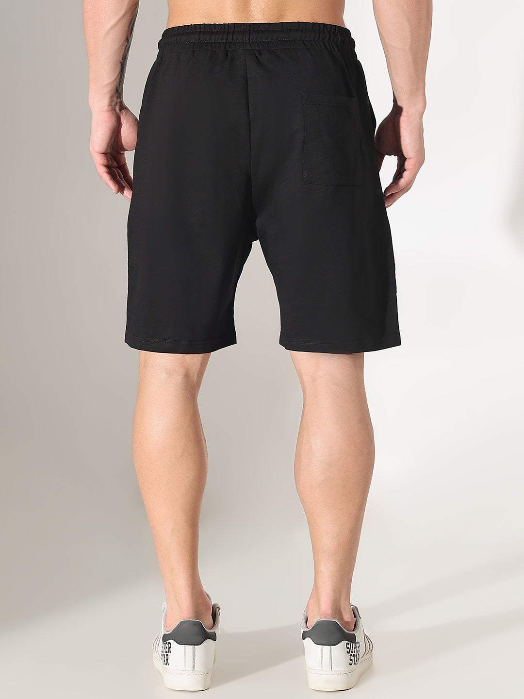 Men's Black Regular Fit Cotton Shorts with Side Hem Snap Button Opening