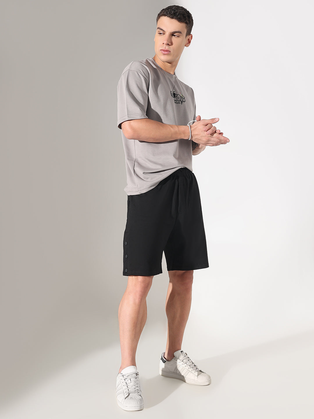 Men's Black Regular Fit Cotton Shorts with Side Hem Snap Button Opening