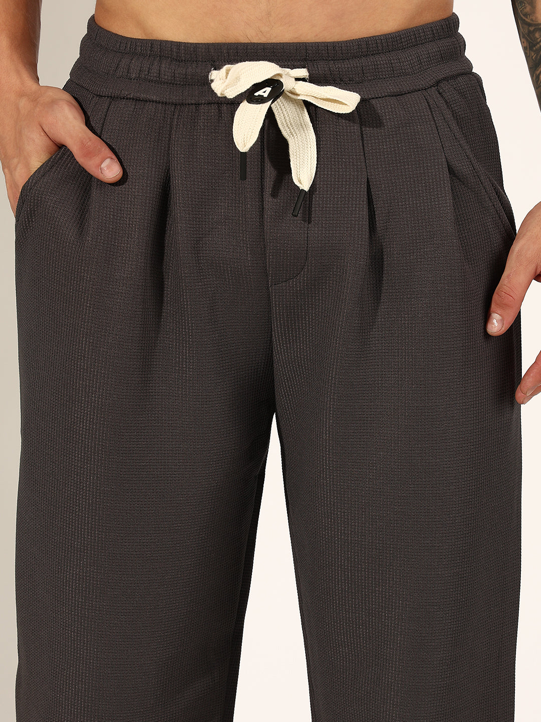Men's Textured Grey Pleated Relaxed Fit Trousers