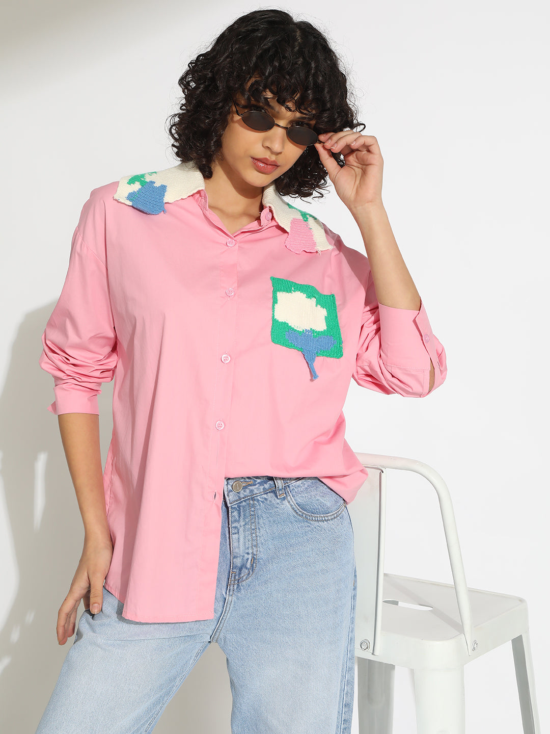 Women's Pink Button-Down Shirt with Crochet Patchwork Detail
