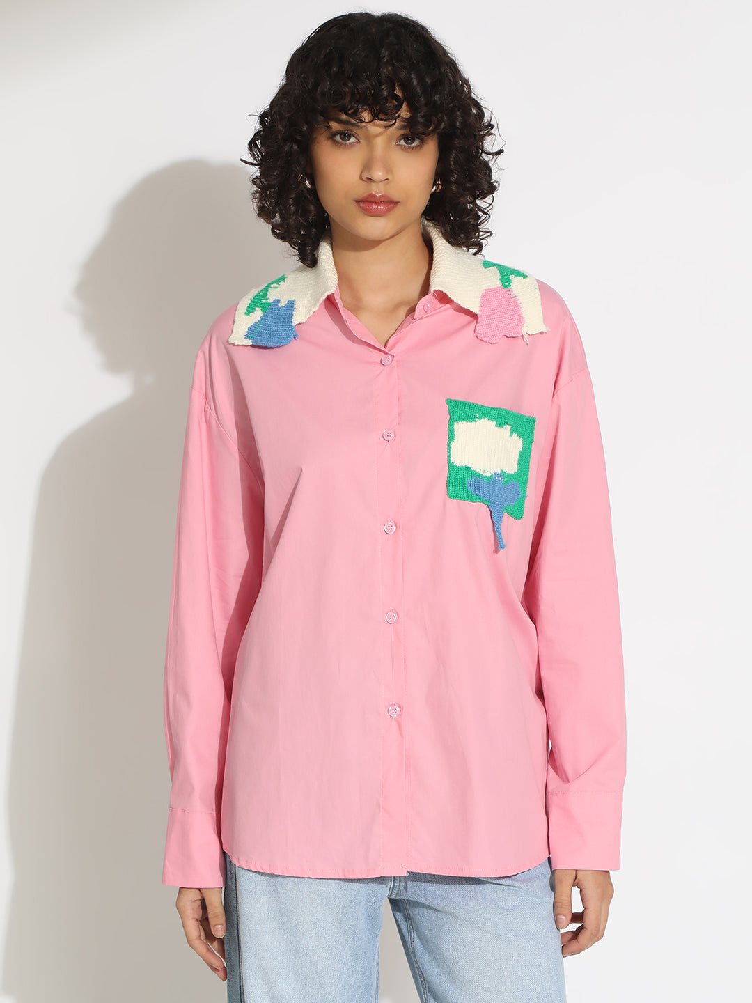 Women's Pink Button-Down Shirt with Crochet Patchwork Detail