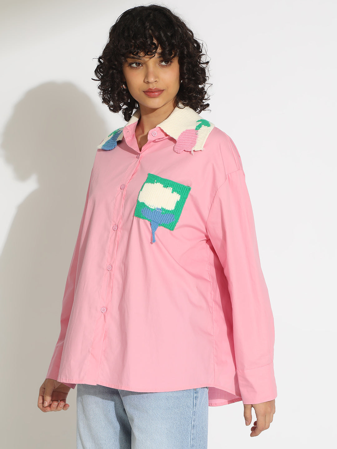 Women's Pink Button-Down Shirt with Crochet Patchwork Detail