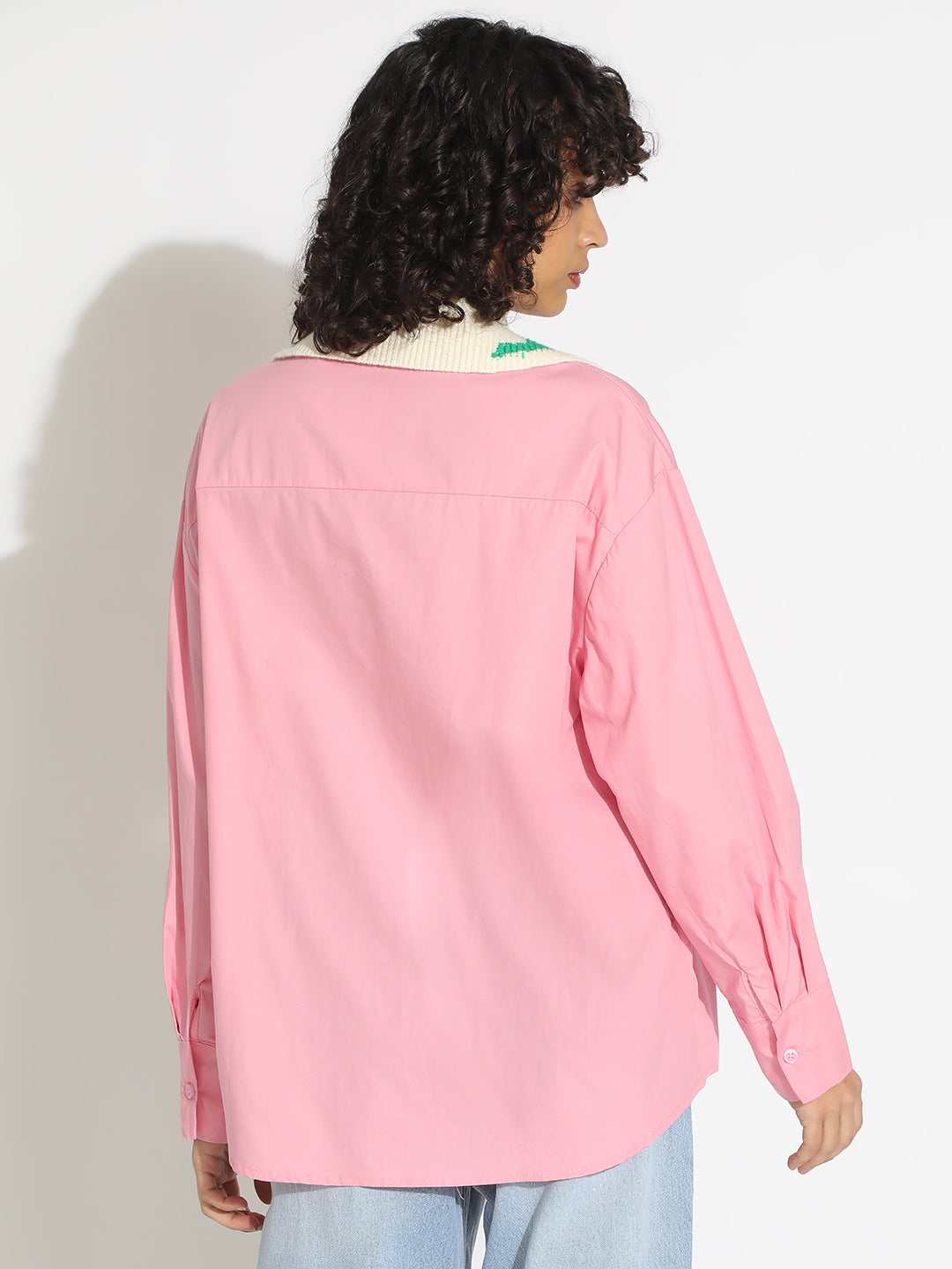 Women's Pink Button-Down Shirt with Crochet Patchwork Detail