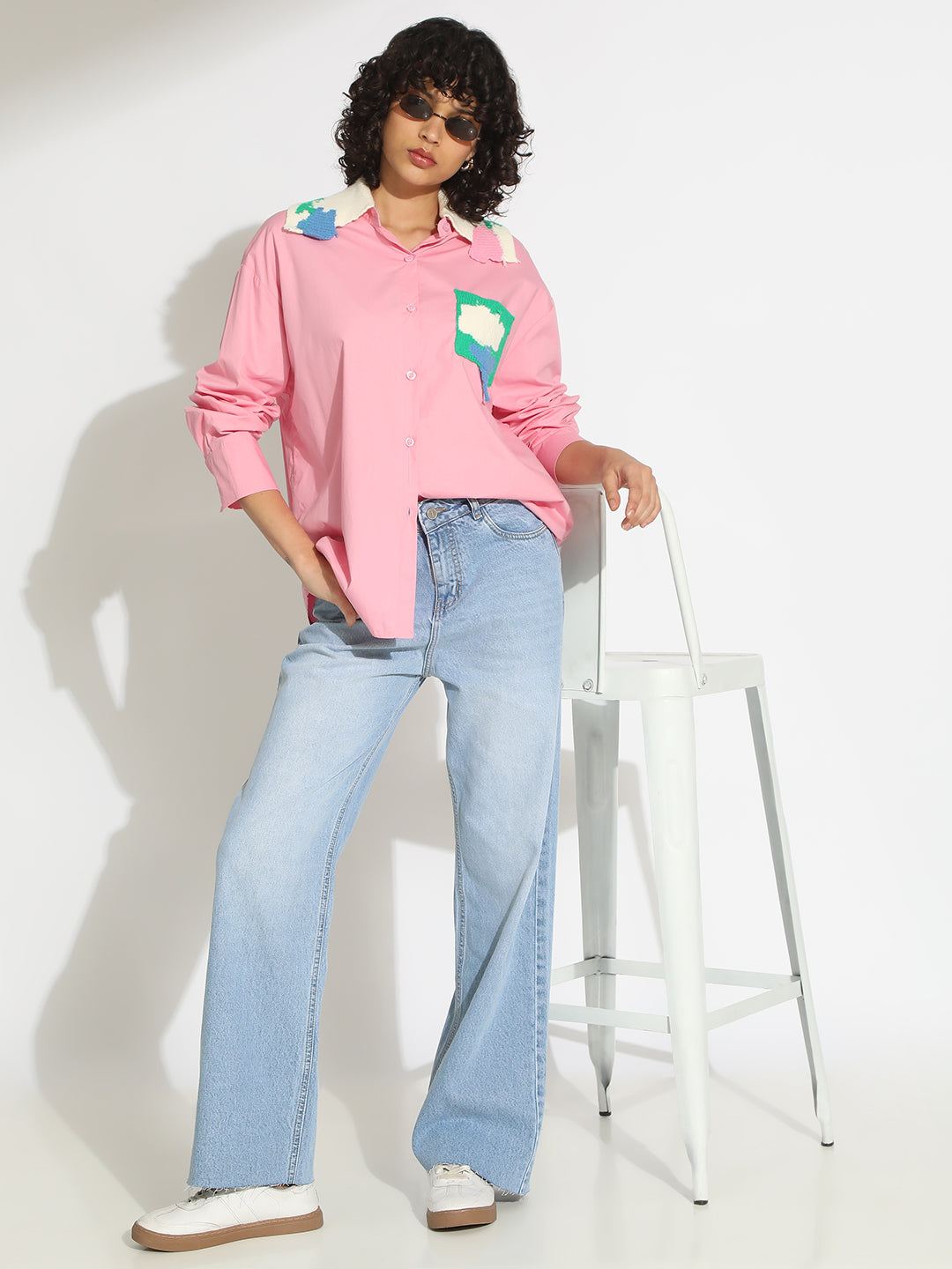 Women's Pink Button-Down Shirt with Crochet Patchwork Detail