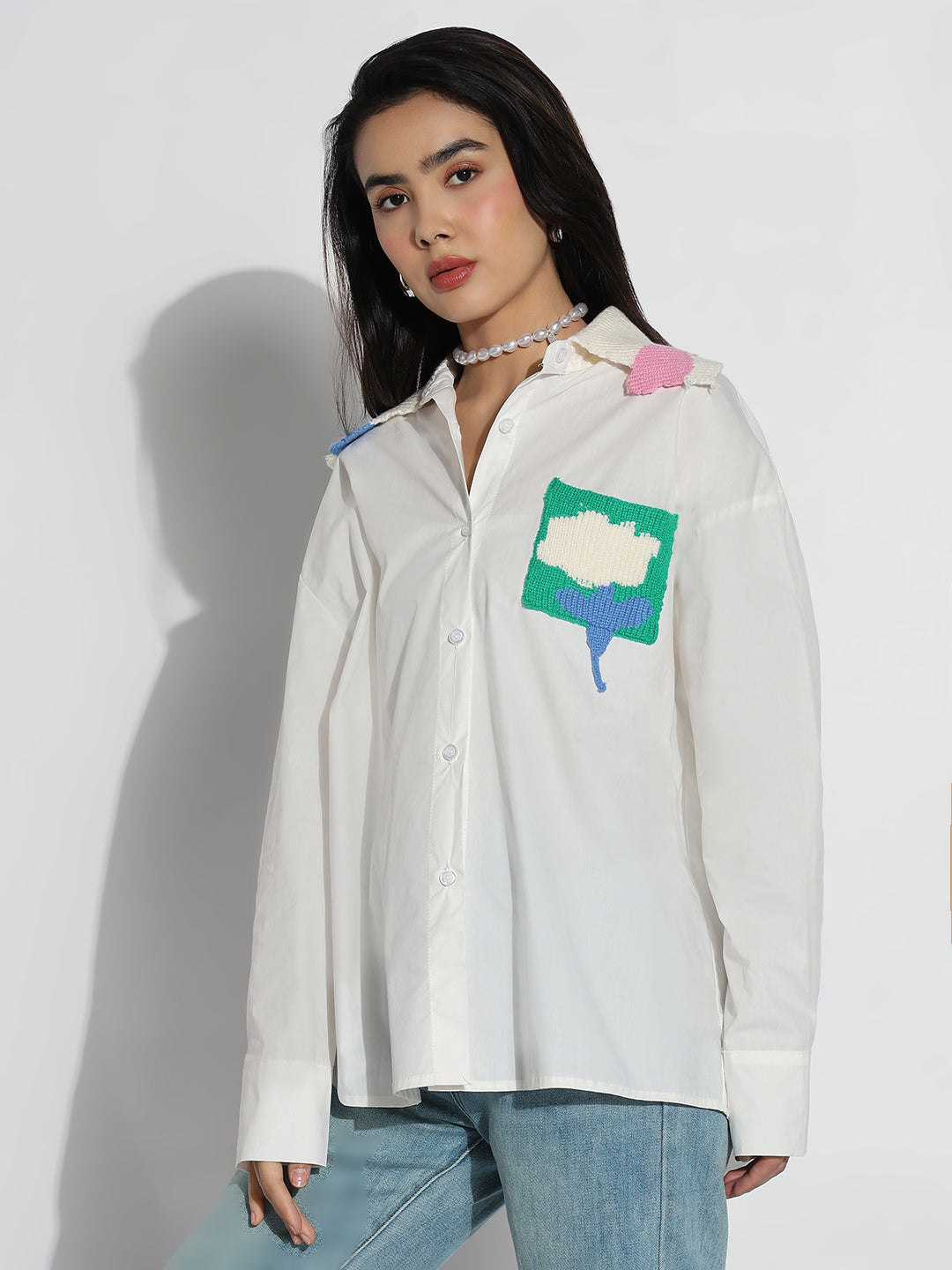 Women Oversized White Solid Shirt with Contrast Pocket