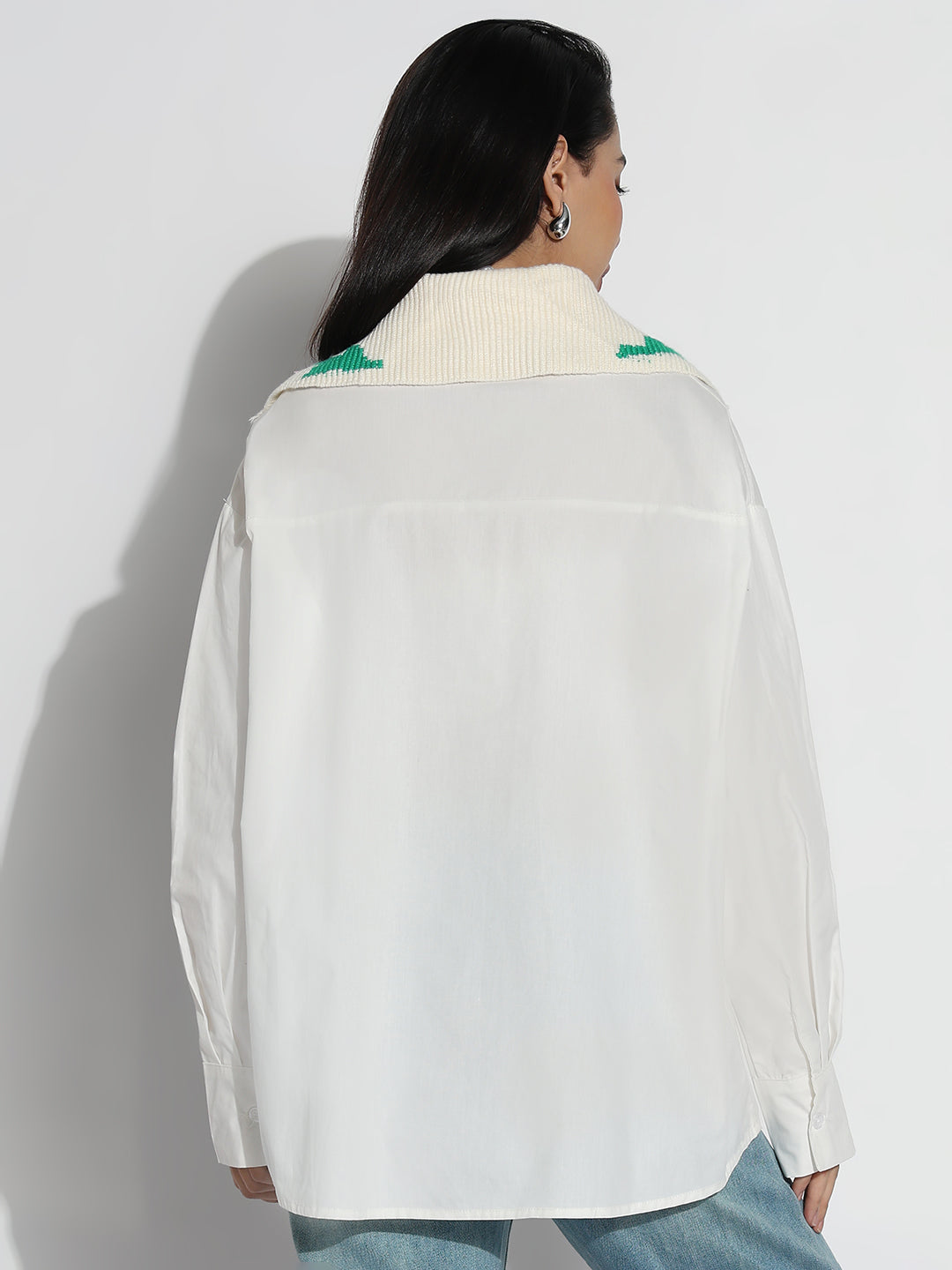 Women Oversized White Solid Shirt with Contrast Pocket