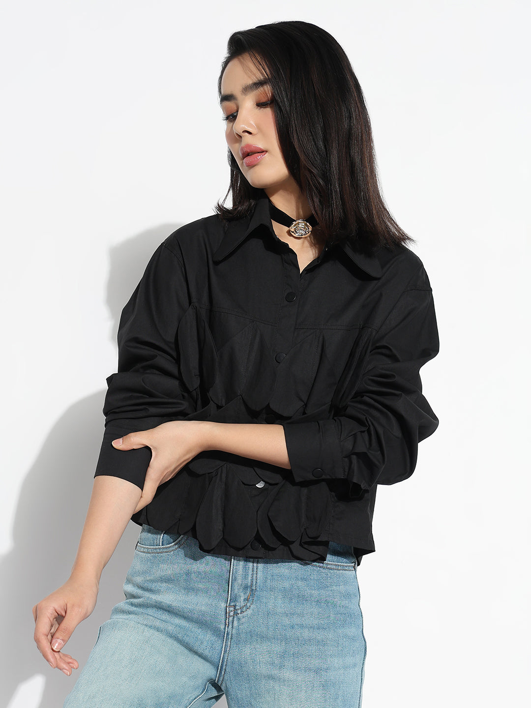 Women Oversized Black Solid Shirt with Applique