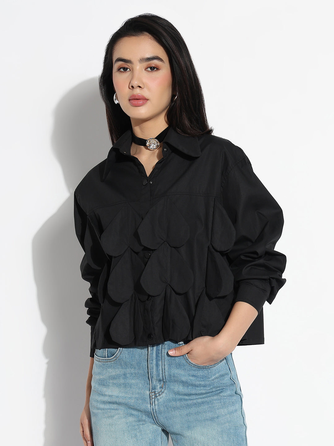 Women Oversized Black Solid Shirt with Applique