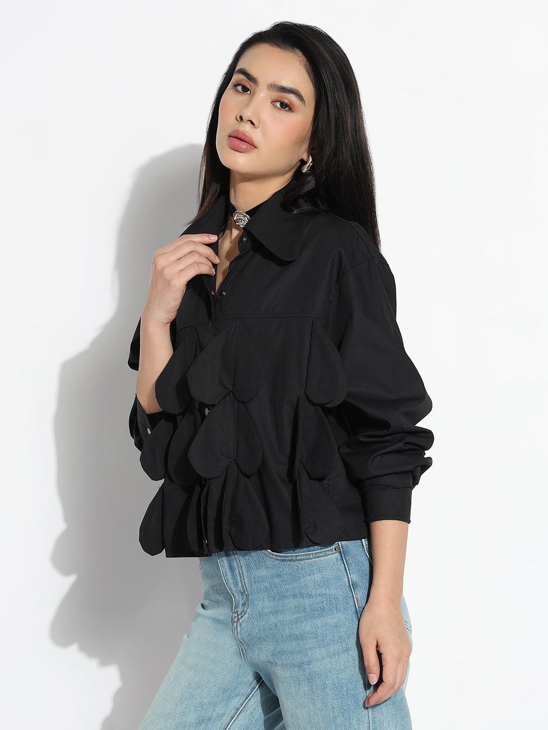 Women Oversized Black Solid Shirt with Applique