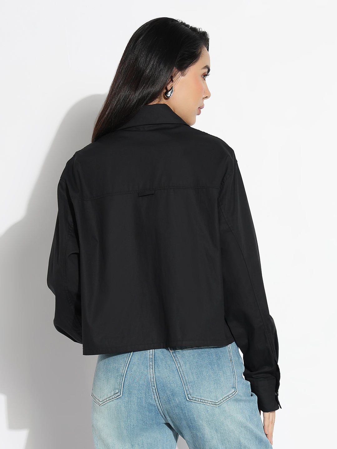 Women Oversized Black Solid Shirt with Applique