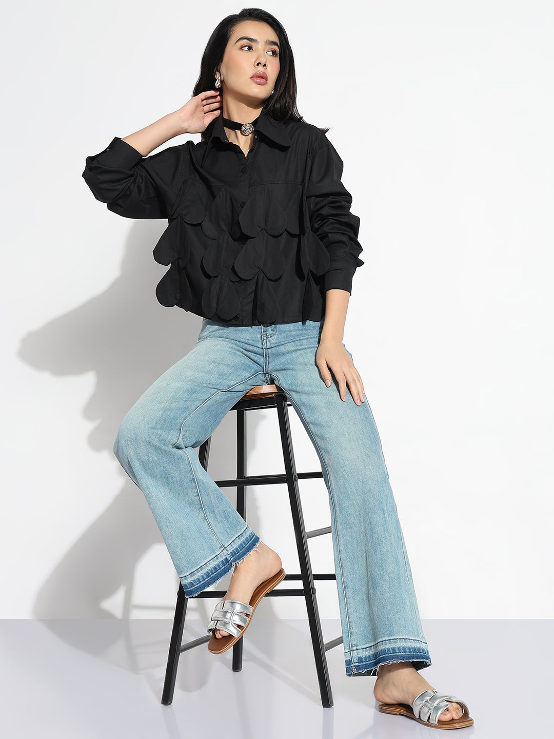 Women Oversized Black Solid Shirt with Applique