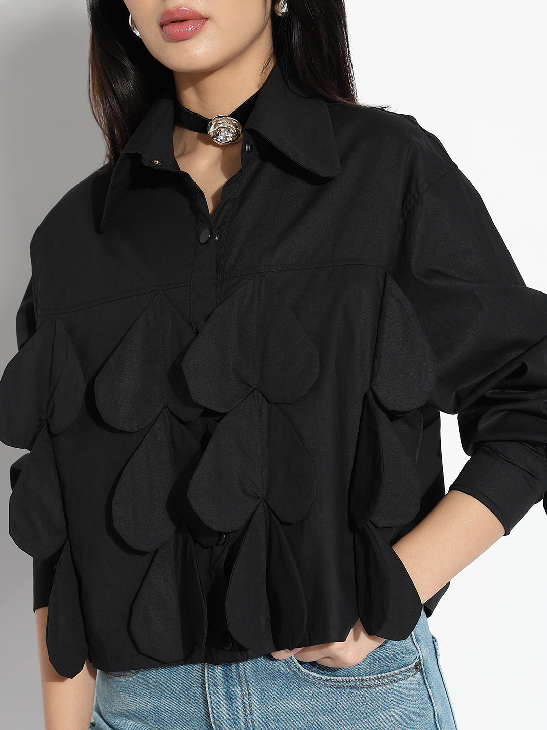 Women Oversized Black Solid Shirt with Applique