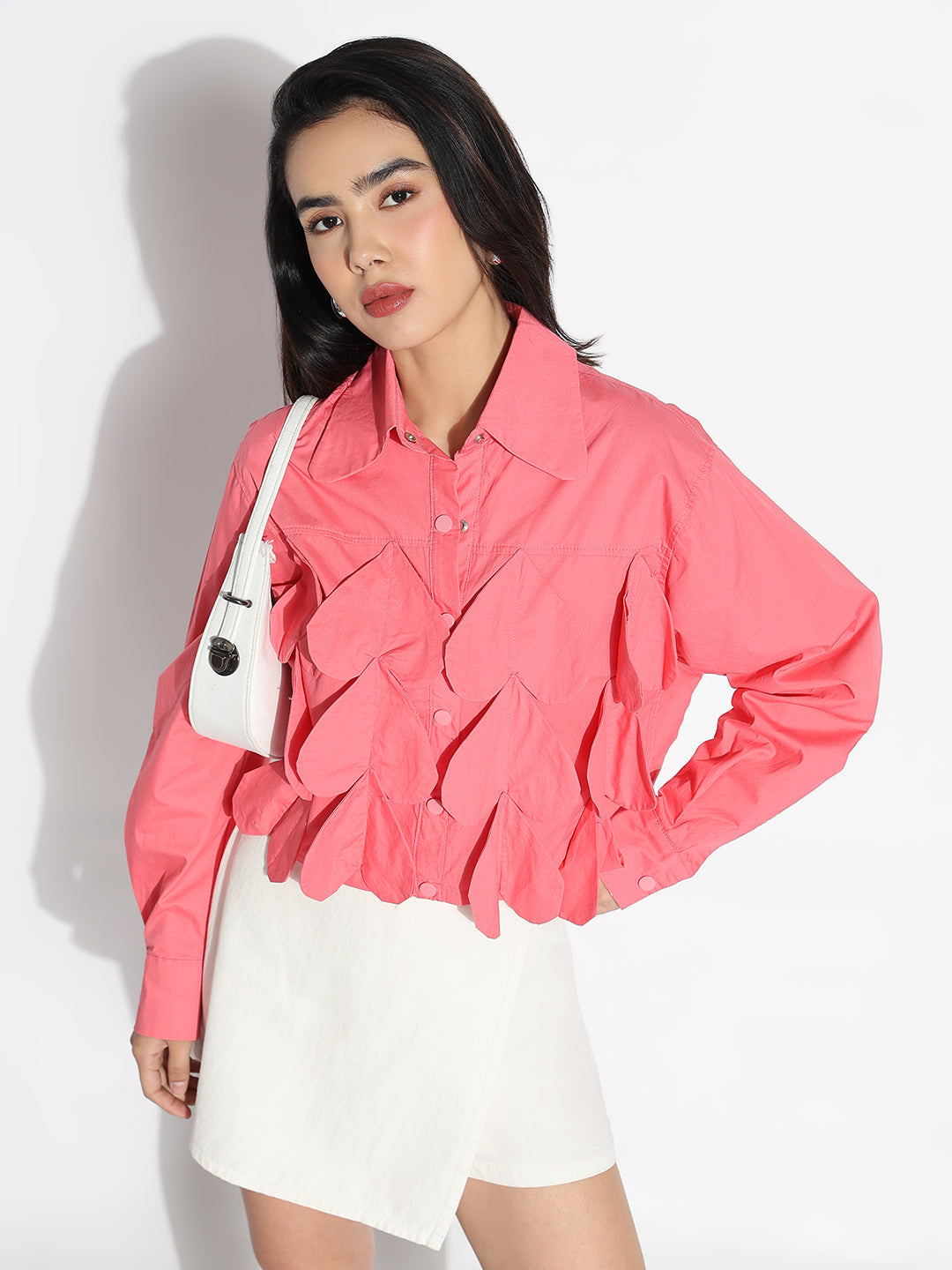 Women Oversized Pink Solid  Shirt with Applique