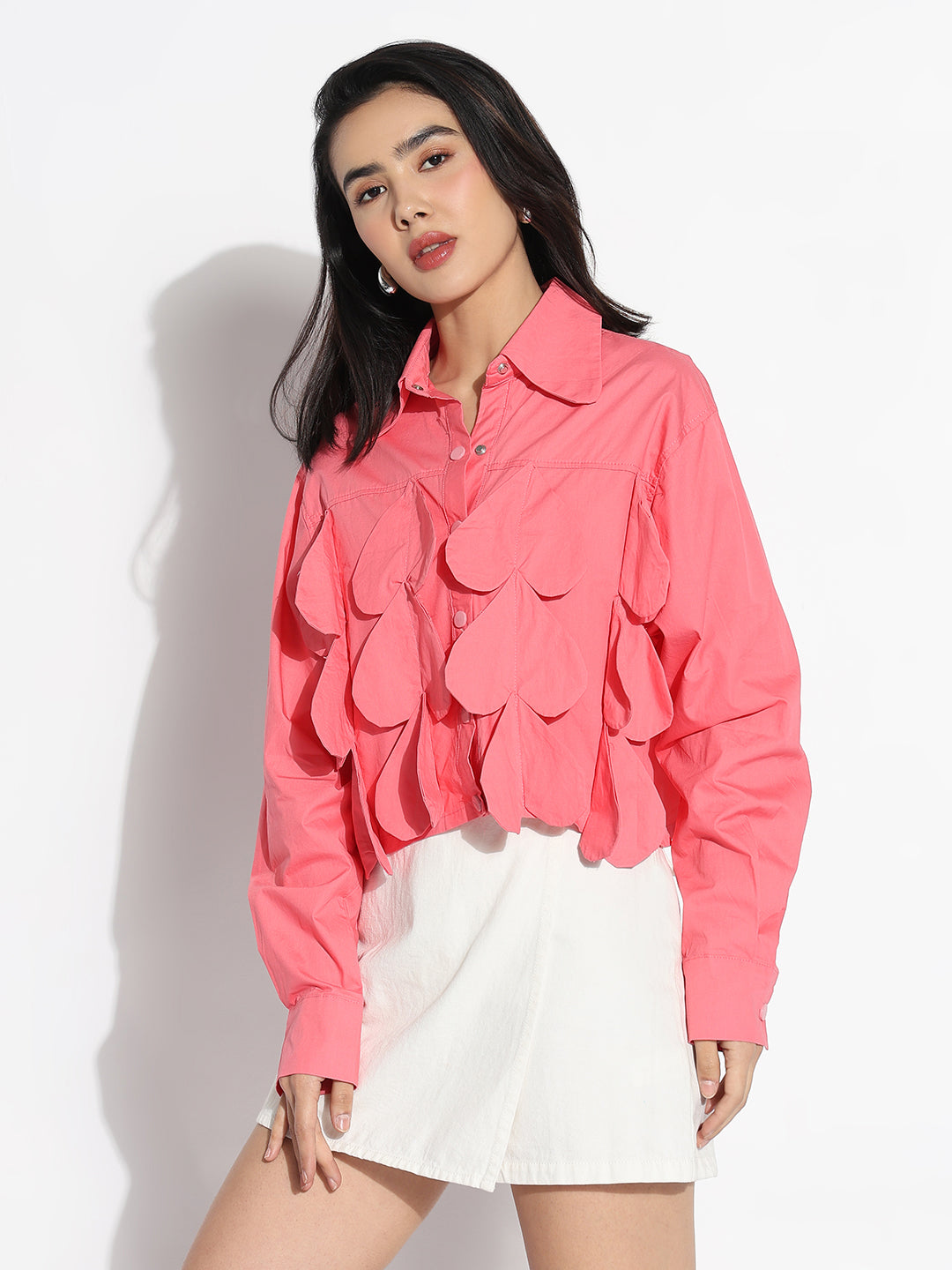 Women Oversized Pink Solid  Shirt with Applique