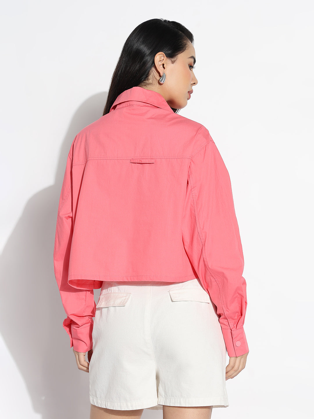 Women Oversized Pink Solid  Shirt with Applique