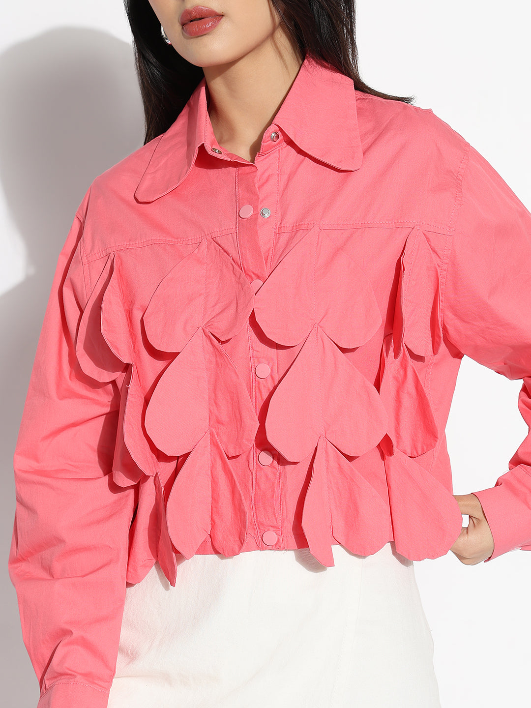 Women Oversized Pink Solid  Shirt with Applique