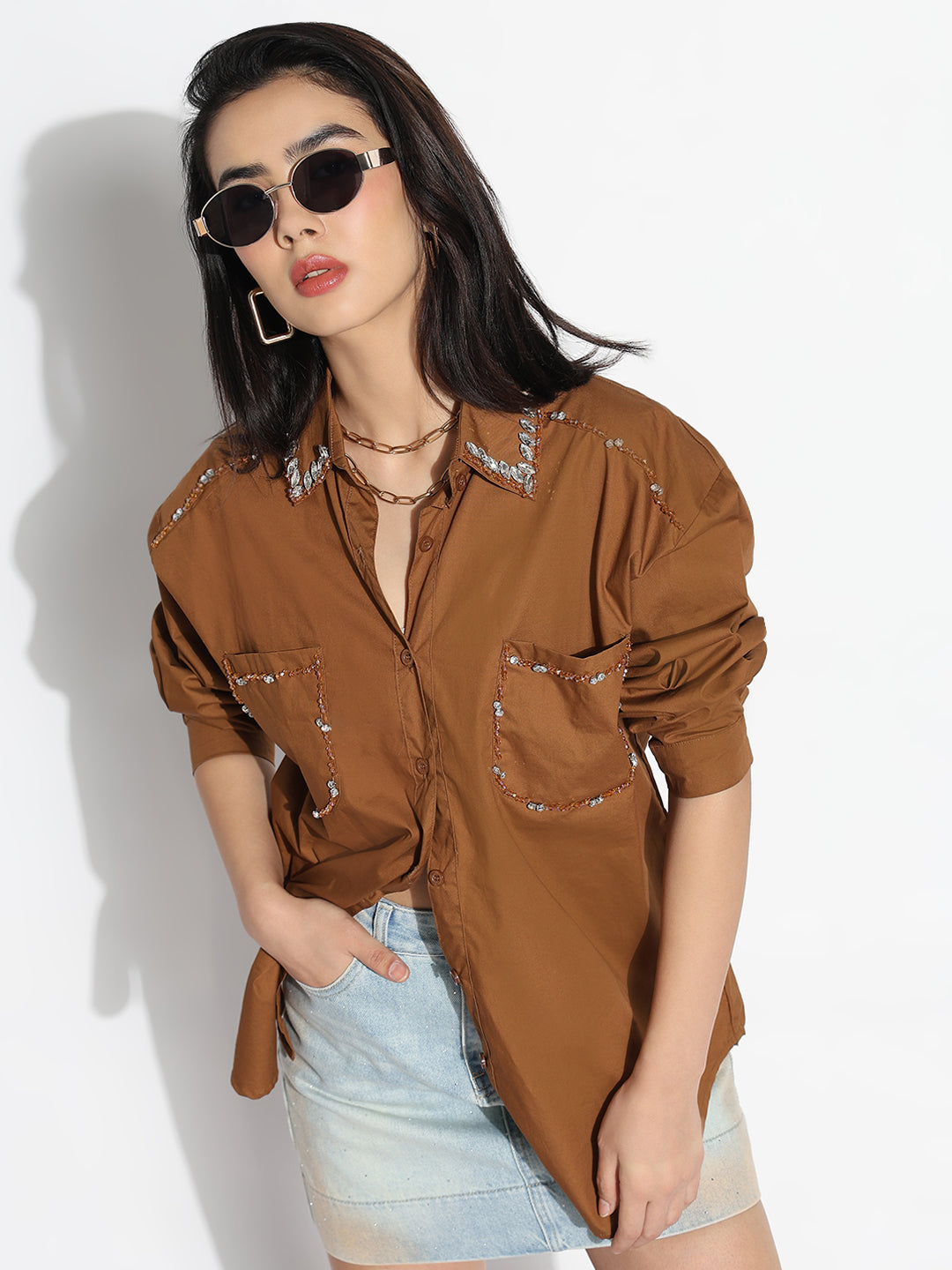 Women Oversized Brown Solid  Shirt with Pockets