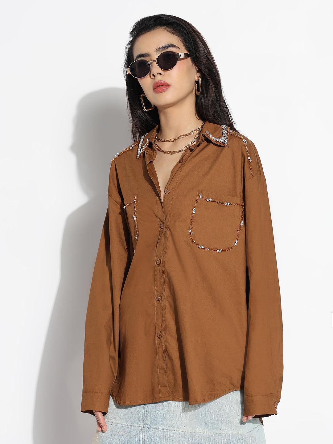 Women Oversized Brown Solid  Shirt with Pockets