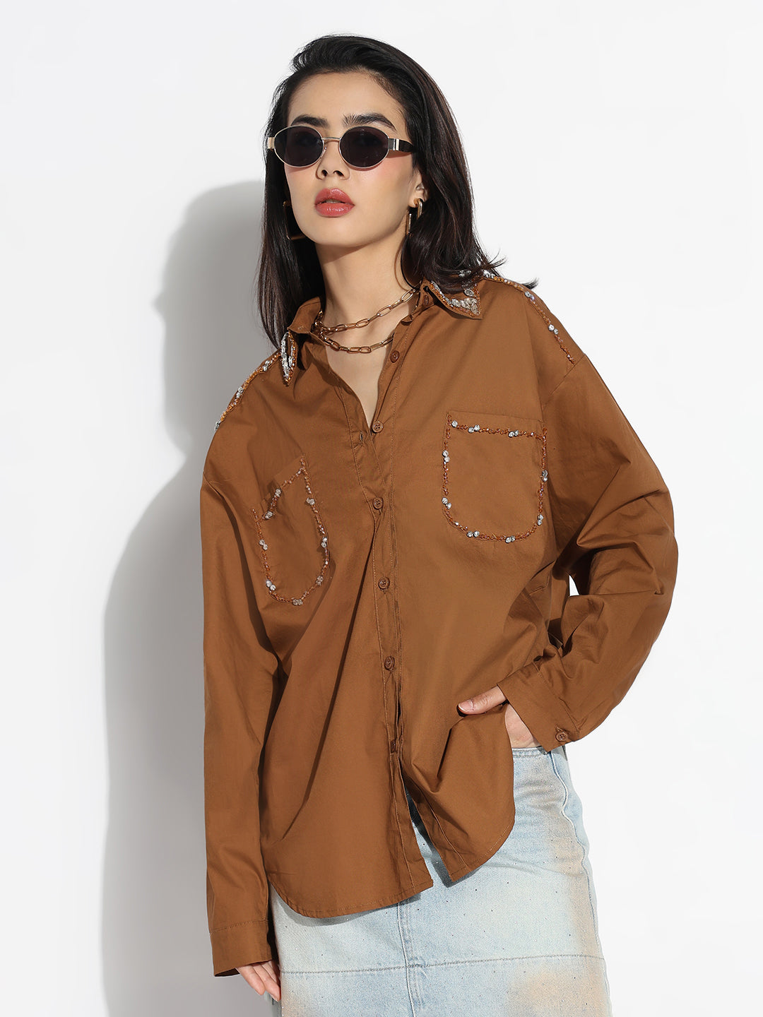 Women Oversized Brown Solid  Shirt with Pockets