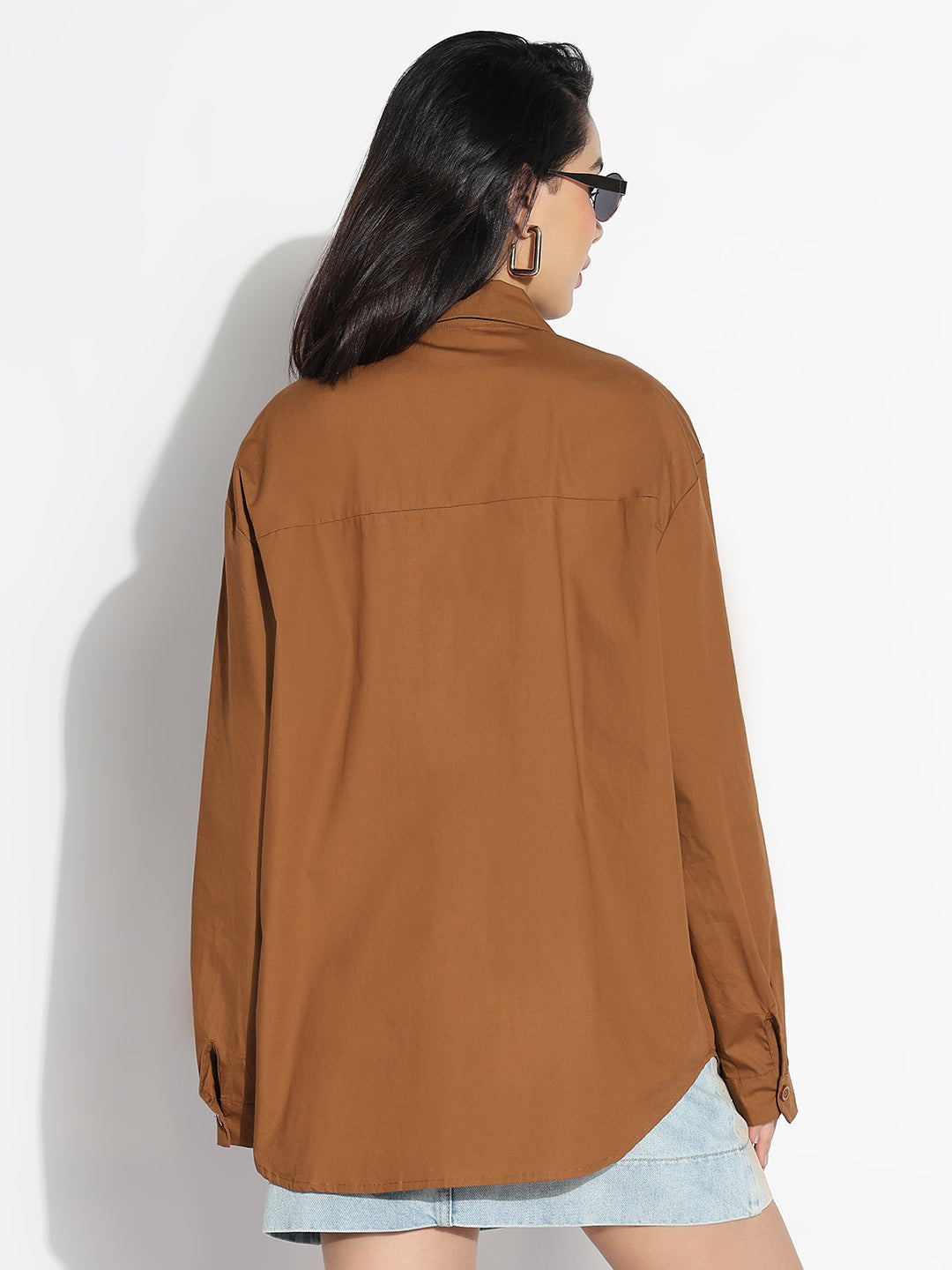 Women Oversized Brown Solid  Shirt with Pockets