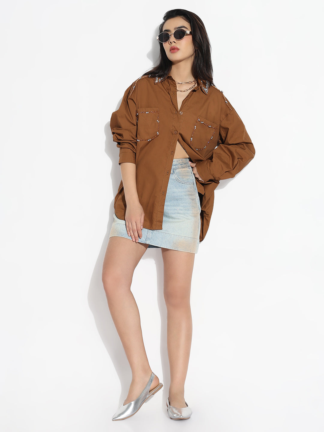 Women Oversized Brown Solid  Shirt with Pockets