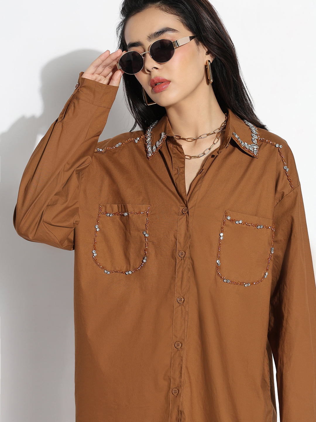 Women Oversized Brown Solid  Shirt with Pockets