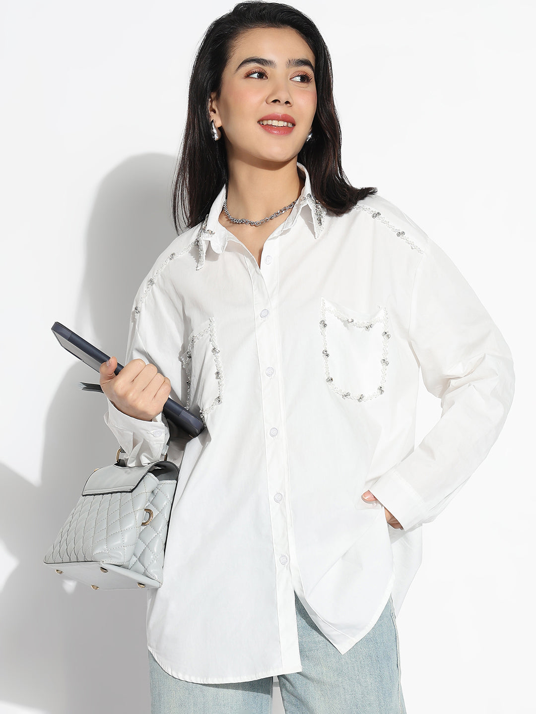 Women Oversized White Solid Shirt with Chest Pocket