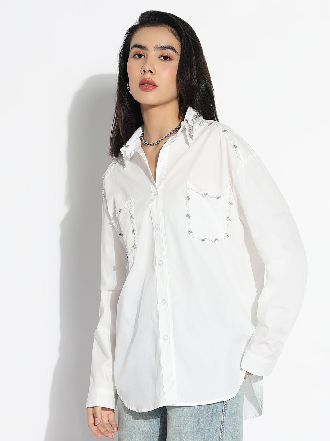 Women Oversized White Solid Shirt with Chest Pocket